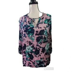 J.Jill Beautiful Blossoms Rayon Blouse Tie Neck Sheer Size Medium